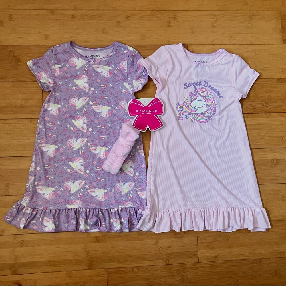 NWT Girls Size 5-6 Pink & Purple 2 Pack Unicorn Nightgowns Pajamas Pjs